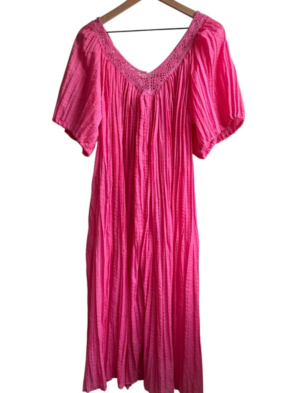 Vintage Pink Cotton Gauze Caftan Trapeze Dress Crochet Mexican Peasant Boho S-XL